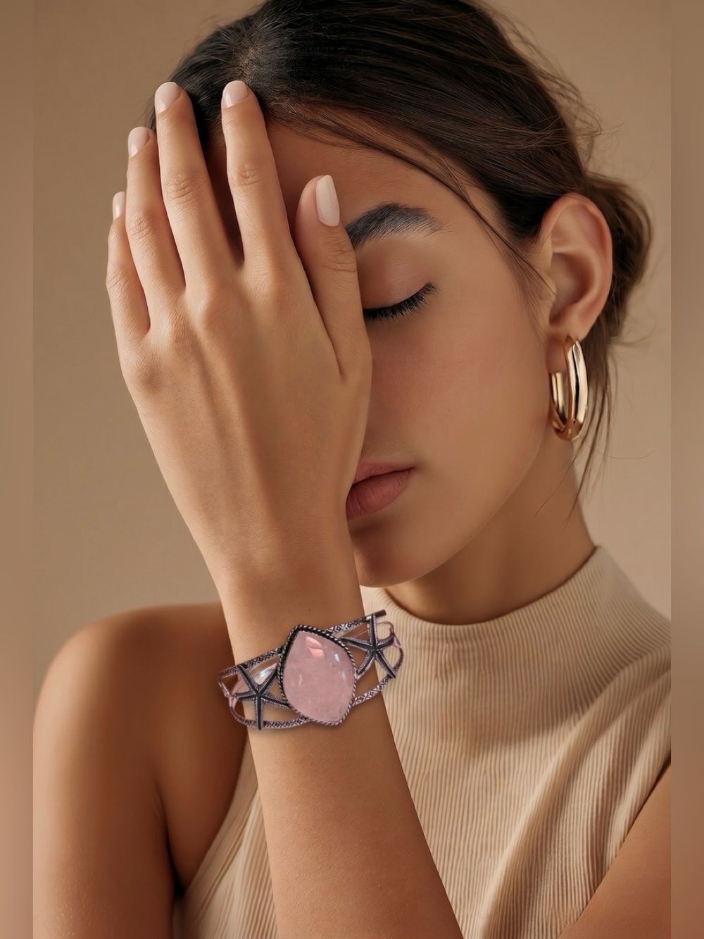 Starfish Cuff Bracelet with Pink Rose Quartz